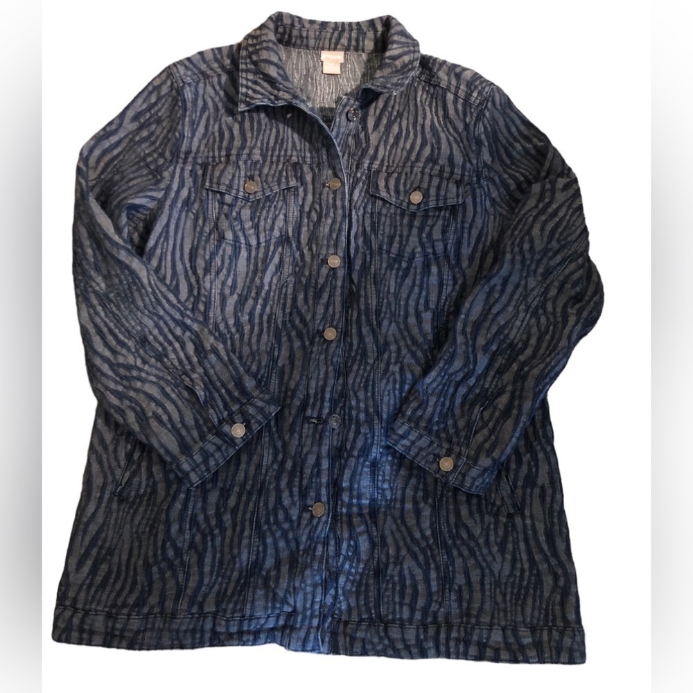 Chico’s Zebra-Print Elongated Denim Jacket Unlined Fall Button Up 3/16 Blue